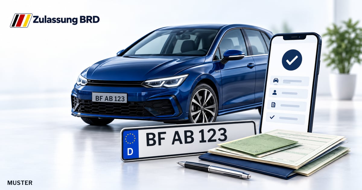 Online Fahrzeugzulassung in Recke: Musterkennzeichen BF AB 123, Auto und Fahrzeugpapiere und Smartphone. Illustration mit Logo von Zulassung BRD.